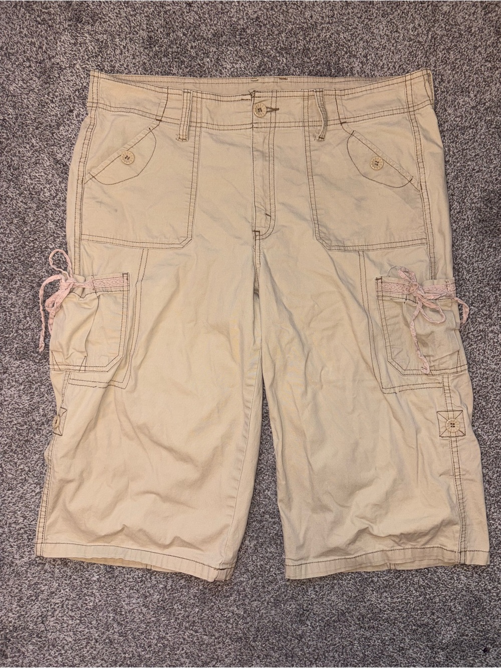 Women’s Beige Cargo Capris with Pink Tie Accents